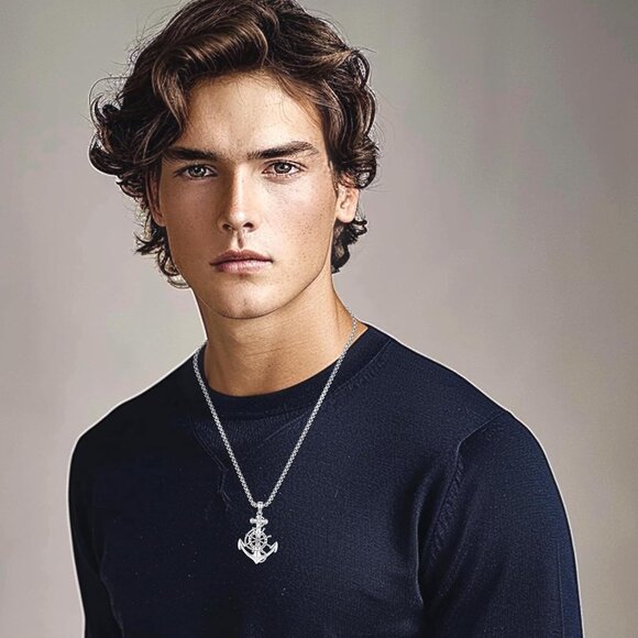 Silver Anchor Necklace with Rotatable Compass Pendant for Men Women - Picture 2 of 8